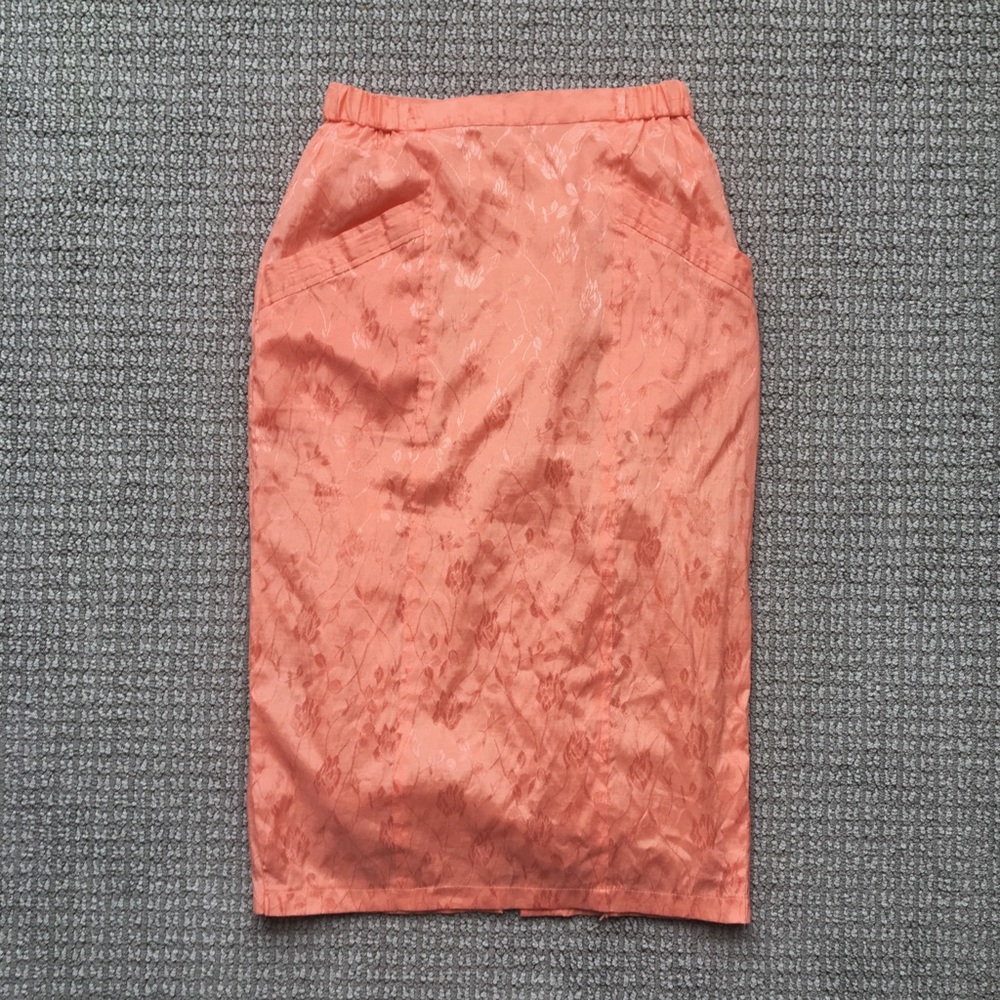 Peach 80s Pencil Skirt, Shimmery, Pockets, M
